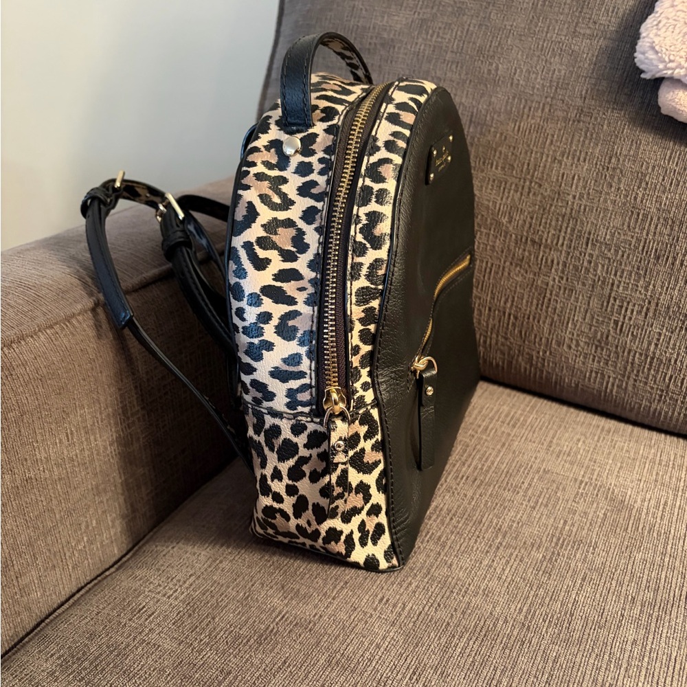 kate spade Black Leather Backpack with Leopard Print Trim - Picture 2 of 4